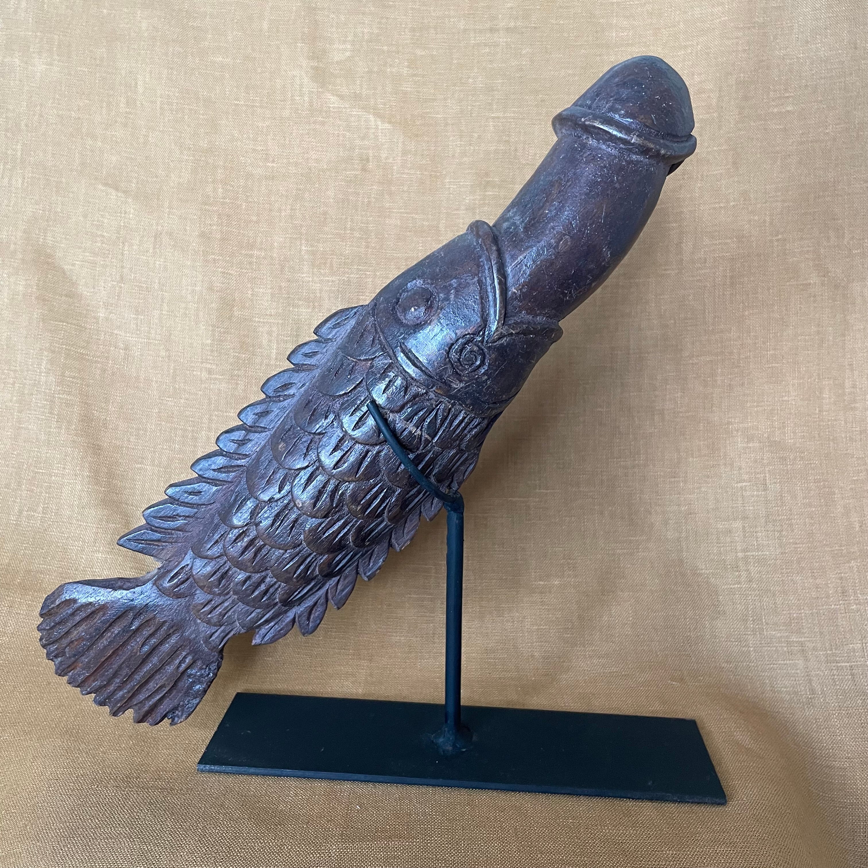 Large Thai Palad Khik Fish Fertility Talisman Sculpture on Stand
