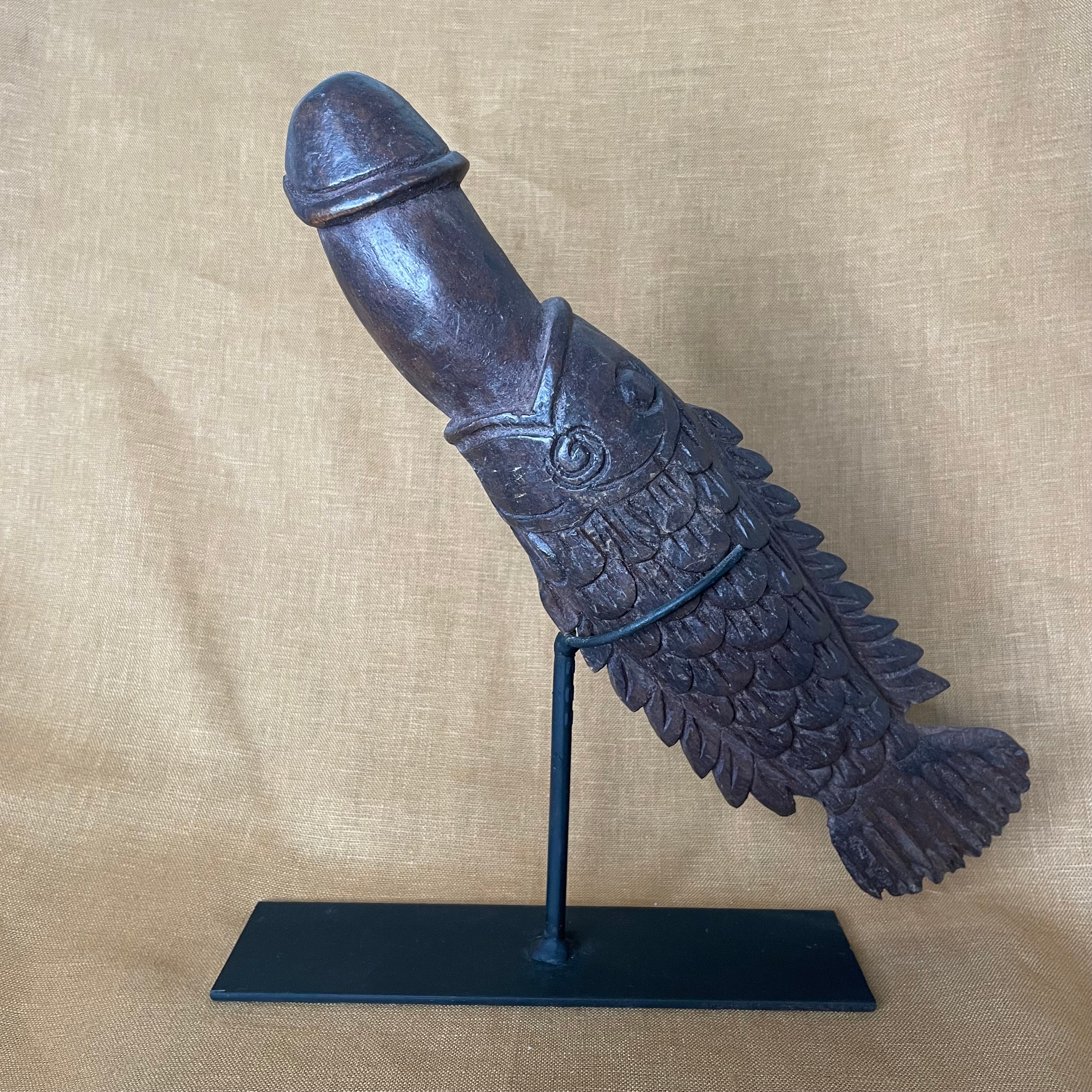Large Thai Palad Khik Fish Fertility Talisman Sculpture on Stand