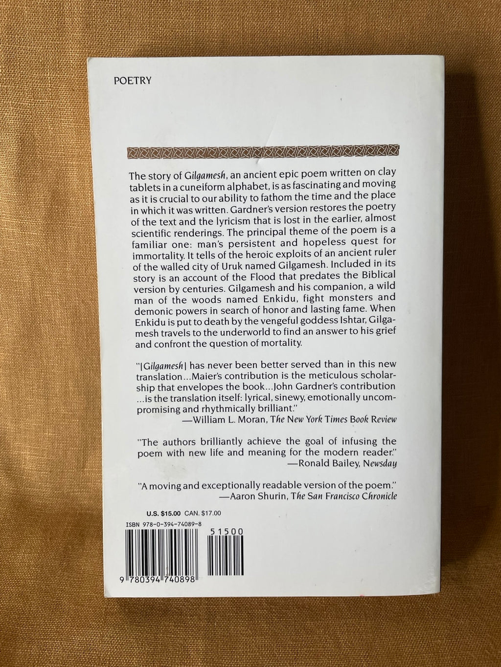 Gilgamesh translated by John Gardner and John Maier back cover