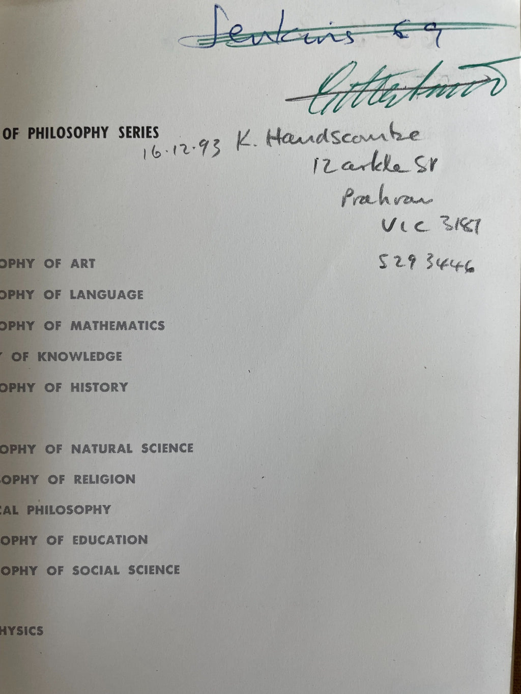 Previous owner inscription and address inside Logic by Wesley C. Salmon