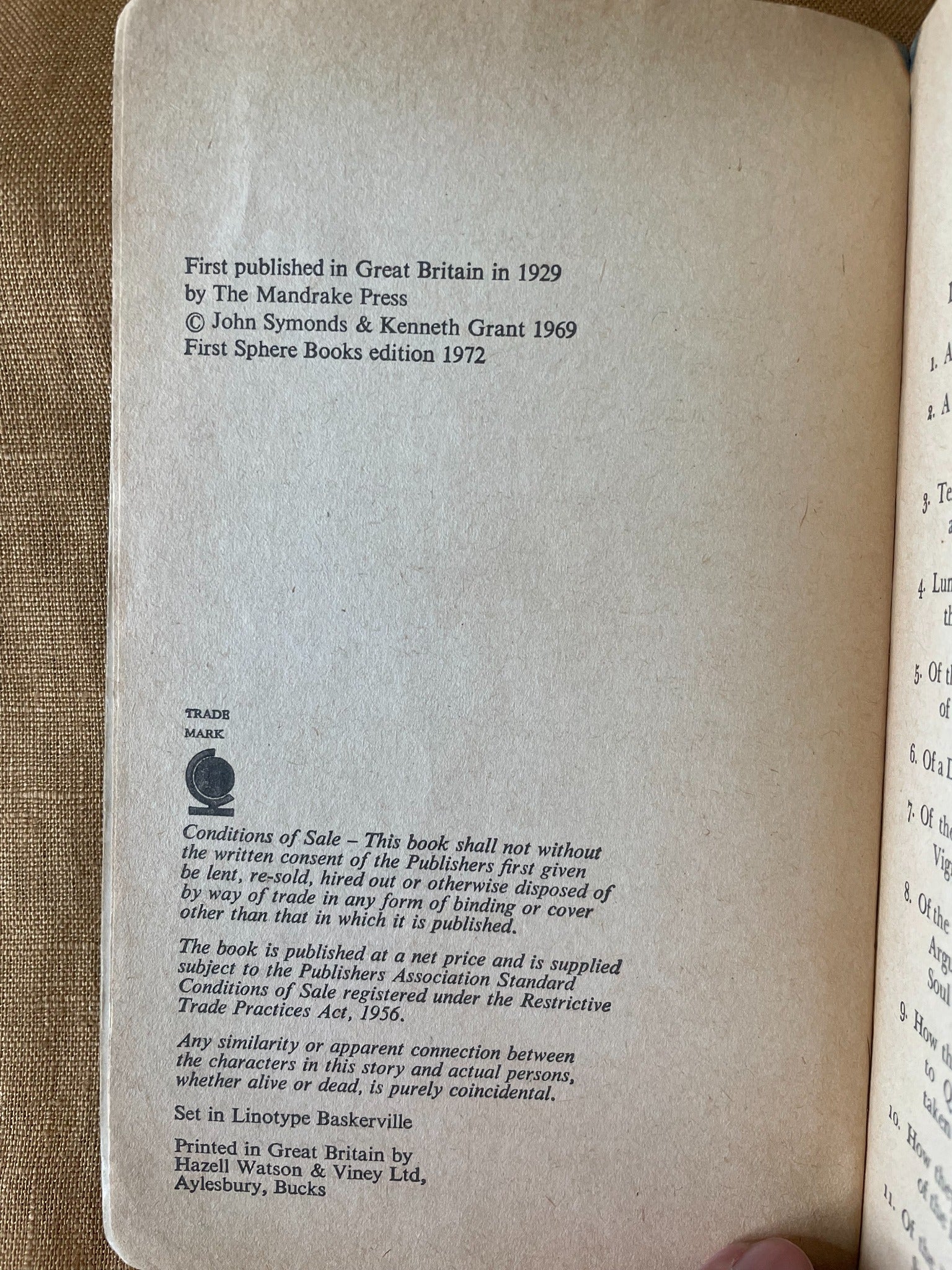 Moonchild by Aleister Crowley copyright page showing first Sphere Books edition 1972