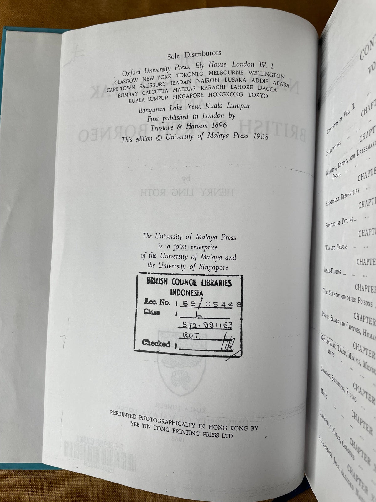 The Natives of Sarawak and British North Borneo Volume II by Henry Ling Roth publication page with library stamp