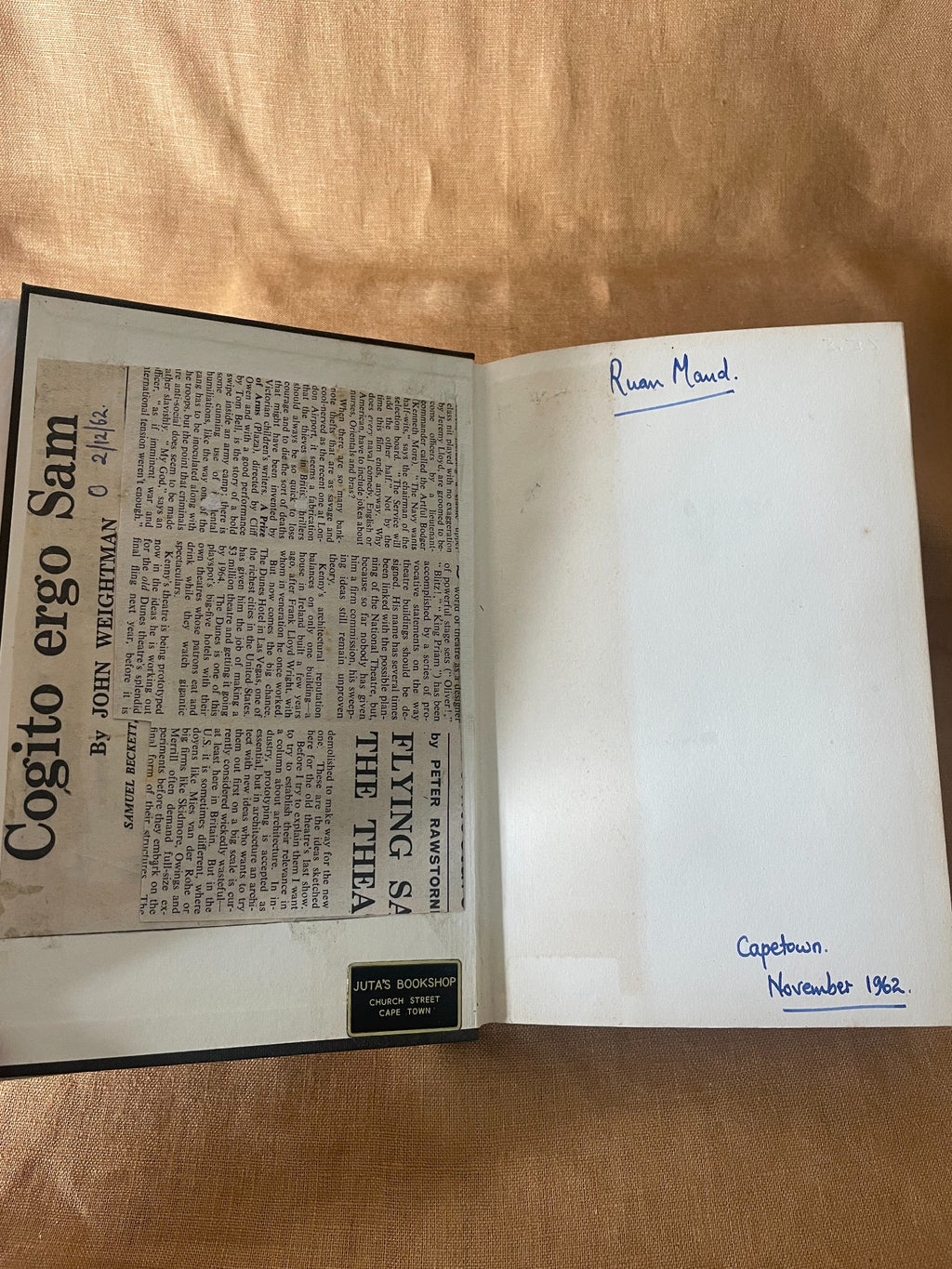 Samuel Beckett by Hugh Kenner front endpaper with previous owner inscription and bookseller label