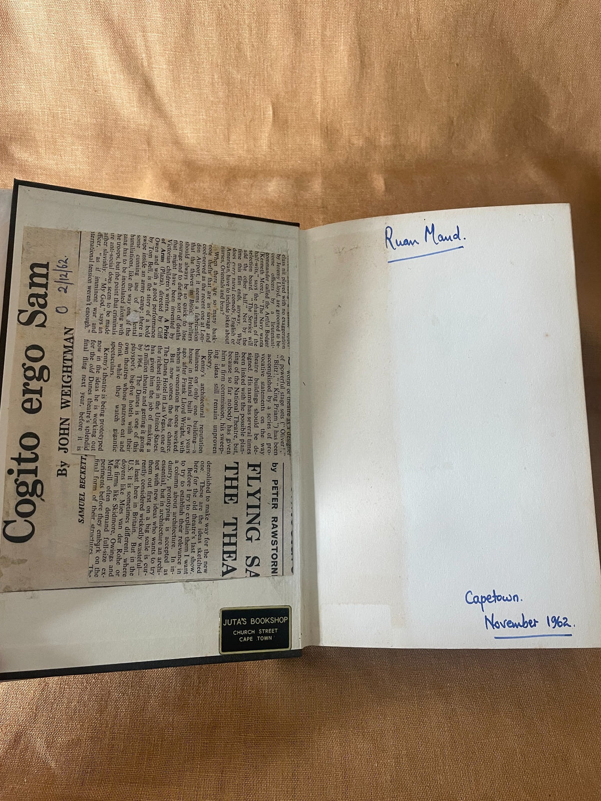 Samuel Beckett by Hugh Kenner front endpaper with previous owner inscription and bookseller label
