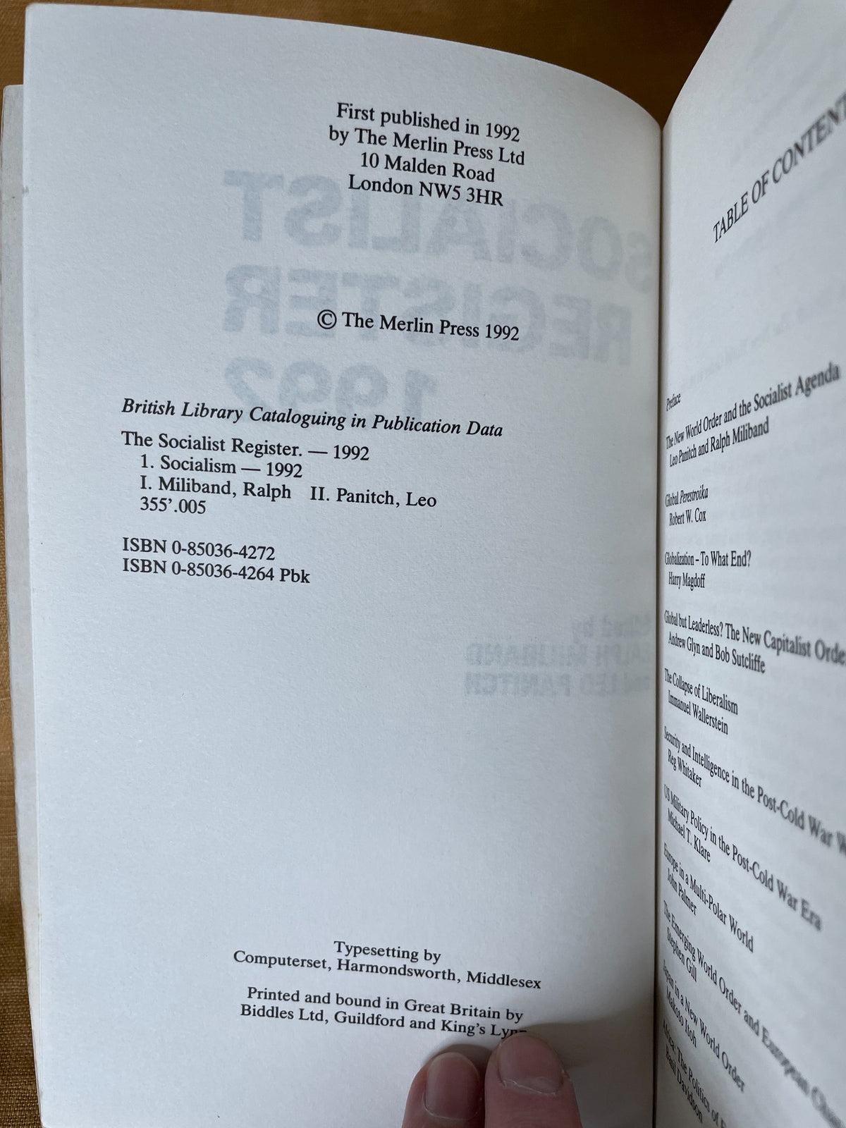 Socialist Register 1992 New World Order? copyright and publication page