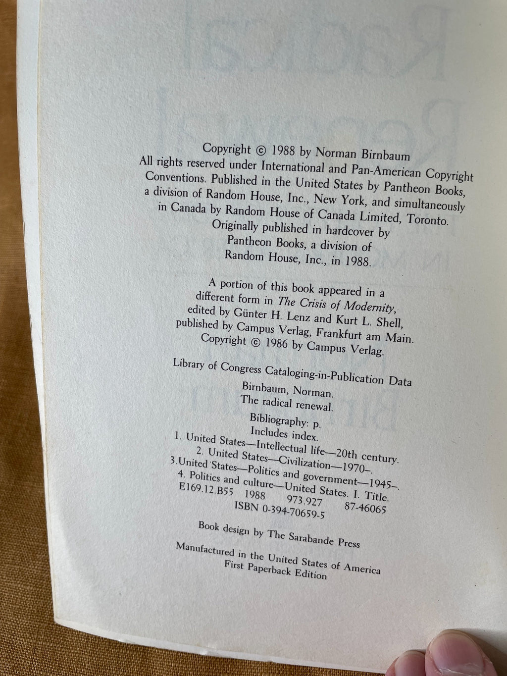 The Radical Renewal by Norman Birnbaum copyright page showing first paperback edition