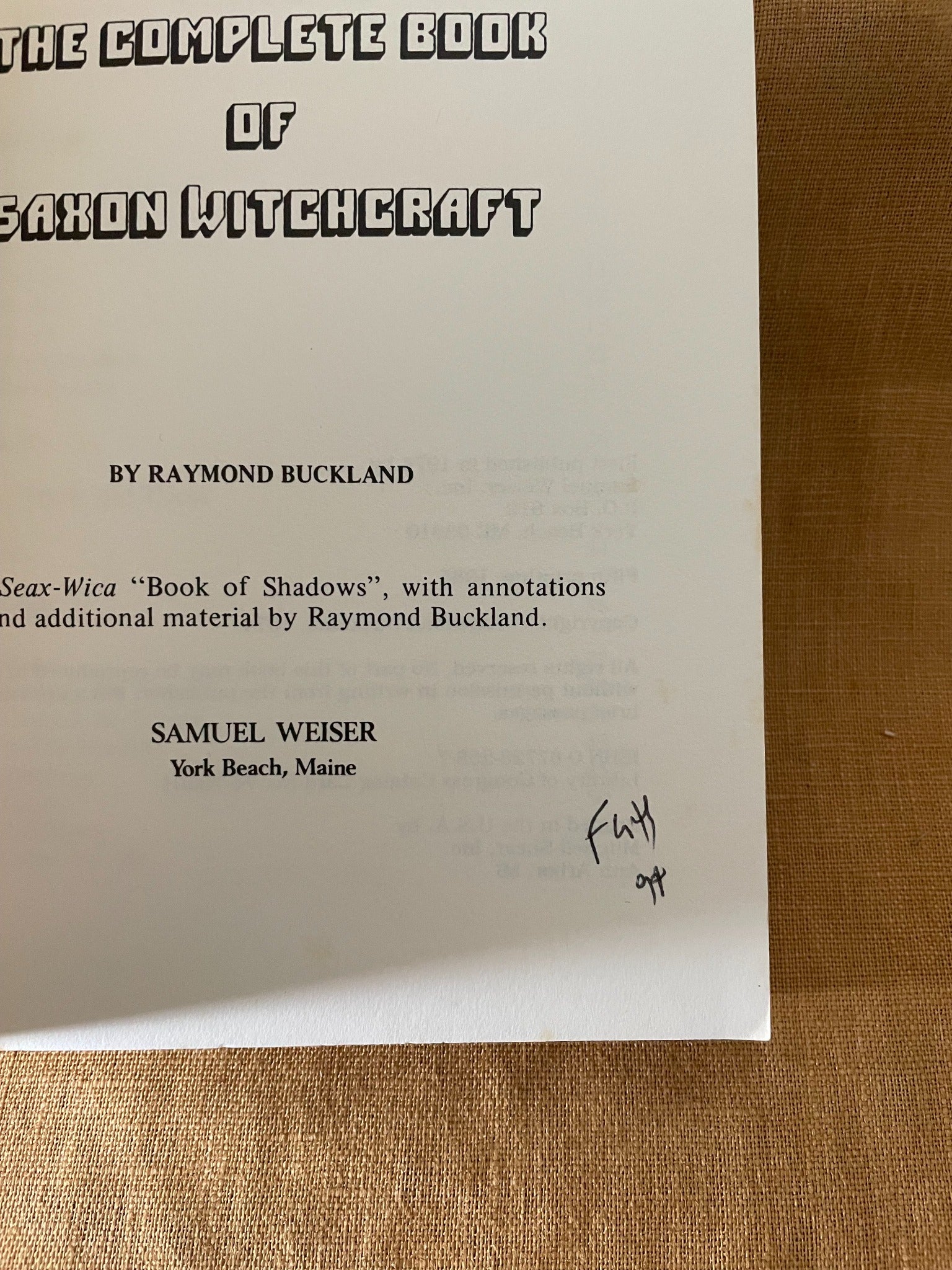 The Tree: The Complete Book of Saxon Witchcraft by Raymond Buckland - title page with inscription