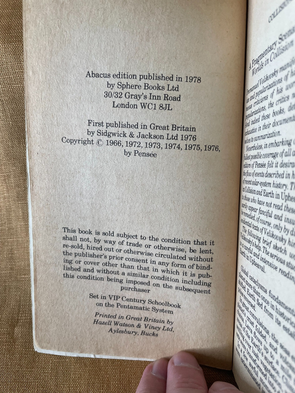 Velikovsky Reconsidered by the Editors of Pensee, 1978 Abacus paperback, copyright page