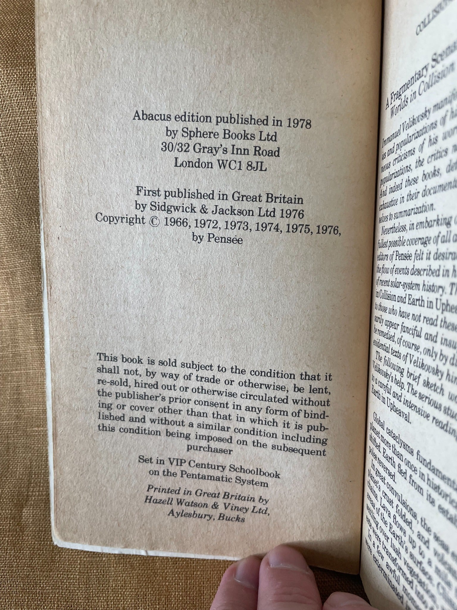 Velikovsky Reconsidered by the Editors of Pensee, 1978 Abacus paperback, copyright page